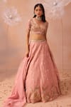 Buy_PARUL GANDHI_Pink Tissue Silk Embellished Gota Patti Blunt V Neck Lehenga Set _at_Aza_Fashions