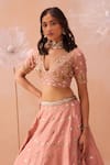 Shop_PARUL GANDHI_Pink Tissue Silk Embellished Gota Patti Blunt V Neck Lehenga Set _at_Aza_Fashions