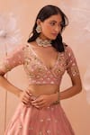 PARUL GANDHI_Pink Tissue Silk Embellished Gota Patti Blunt V Neck Lehenga Set _Online_at_Aza_Fashions