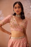 Buy_PARUL GANDHI_Pink Tissue Silk Embellished Gota Patti Blunt V Neck Lehenga Set _Online_at_Aza_Fashions