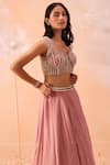 Buy_PARUL GANDHI_Pink Satin Georgette Hand Embroidered Pearls Sweetheart Blouse Lehenga Set _Online_at_Aza_Fashions