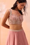 Shop_PARUL GANDHI_Pink Satin Georgette Hand Embroidered Pearls Sweetheart Blouse Lehenga Set _Online_at_Aza_Fashions