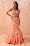 PARUL GANDHI_Peach Satin Georgette Hand Embroidered Floral Motifs Blouse Mermaid Lehenga Set _Online_at_Aza_Fashions