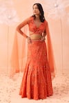 Buy_PARUL GANDHI_Orange Net Hand Embroidered Flora And Fauna Motifs V Candy Fishcut Lehenga Set _at_Aza_Fashions