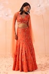 Shop_PARUL GANDHI_Orange Net Hand Embroidered Flora And Fauna Motifs V Candy Fishcut Lehenga Set _Online_at_Aza_Fashions