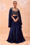 Buy_PARUL GANDHI_Blue Silk Satin Organza Hand Embroidered Sequins Sweetheart Cape Lehenga Set _at_Aza_Fashions