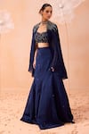 PARUL GANDHI_Blue Silk Satin Organza Hand Embroidered Sequins Sweetheart Cape Lehenga Set _Online_at_Aza_Fashions