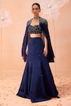 Buy_PARUL GANDHI_Blue Silk Satin Organza Hand Embroidered Sequins Sweetheart Cape Lehenga Set _Online_at_Aza_Fashions