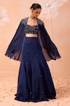 PARUL GANDHI_Blue Silk Satin Organza Hand Embroidered Sequins Sweetheart Cape Lehenga Set _at_Aza_Fashions