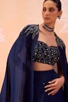 Shop_PARUL GANDHI_Blue Silk Satin Organza Hand Embroidered Sequins Sweetheart Cape Lehenga Set 