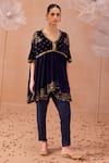 Buy_PARUL GANDHI_Blue Velvetino Hand Embroidered Sequins V Neck Kurta And Pant Set _at_Aza_Fashions