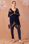 Shop_PARUL GANDHI_Blue Velvetino Hand Embroidered Sequins V Neck Kurta And Pant Set _Online_at_Aza_Fashions