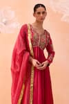 PARUL GANDHI_Pink Satin Organza Hand Embroidered Pearls V Neck Gul Anarkali With Dupatta _Online_at_Aza_Fashions