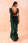 Shop_PARUL GANDHI_Emerald Green Satin Crepe Hand Embroidered Ruffle Pre-draped Saree With Blouse_at_Aza_Fashions