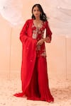 Buy_PARUL GANDHI_Red Linen Satin Applique Hand Embroidered Dori V Neck Rouge Kurta Sharara Set _at_Aza_Fashions