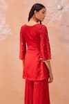 Shop_PARUL GANDHI_Red Linen Satin Applique Hand Embroidered Dori V Neck Rouge Kurta Sharara Set _at_Aza_Fashions