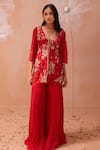 PARUL GANDHI_Red Linen Satin Applique Hand Embroidered Dori V Neck Rouge Kurta Sharara Set _Online_at_Aza_Fashions