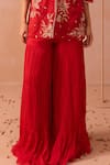 Buy_PARUL GANDHI_Red Linen Satin Applique Hand Embroidered Dori V Neck Rouge Kurta Sharara Set _Online_at_Aza_Fashions