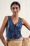 Buy_Priyanka Raajiv_Blue Silk Brocade Embroidery Sequins V-neck Aravali Waistcoat Blouse _at_Aza_Fashions