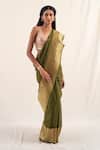 Priyanka Raajiv_Green Silk Banarasi Handwoven Burma Pattern Saree With Unstitched Blouse Piece_Online_at_Aza_Fashions
