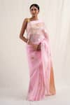 Buy_Priyanka Raajiv_Pink Silk Banarasi Handwoven Chira Pattern Saree With Unstitched Blouse Piece _at_Aza_Fashions