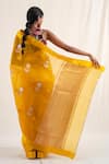 Shop_Priyanka Raajiv_Yellow Silk Banarasi Handwoven Chira Pattern Saree With Unstitched Blouse Piece_at_Aza_Fashions