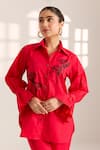 Buy_Sonal Pasrija_Red Cotton Embellished Bead Stand Collar Lily Shirt With Pant _Online_at_Aza_Fashions