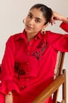 Sonal Pasrija_Red Cotton Embellished Bead Stand Collar Lily Shirt With Pant _at_Aza_Fashions