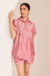 Sonal Pasrija_Pink Chanderi Embellished Bead Stand Collar Shirt With Shorts_at_Aza_Fashions