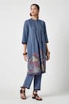 Buy_Payal Pratap_Blue Handloom Cotton Embroidered Floral Mandarin Alyssum Kurta With Pant _at_Aza_Fashions