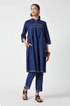 Buy_Payal Pratap_Blue Cotton Smocked Mandarin Collar Kurta With Pant _at_Aza_Fashions