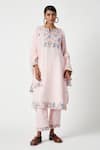 Buy_Payal Pratap_Pink Linen Embroidered Floral Notched Sally Vine Kurta Pant Set _at_Aza_Fashions