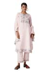 Payal Pratap_Pink Linen Embroidered Floral Notched Sally Vine Kurta Pant Set _Online_at_Aza_Fashions