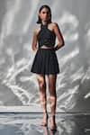 Buy_TORQADORN_Black Suiting Woven Striped Box Pleated Skirt _at_Aza_Fashions