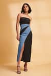 TORQADORN_Blue Denim Colourblock Straight Slit Dress _Online_at_Aza_Fashions