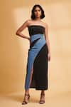 Buy_TORQADORN_Blue Denim Colourblock Straight Slit Dress _at_Aza_Fashions