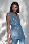 Shop_TORQADORN_Blue Sequin Embellished Lapel Collar Belle Blazer With Belt