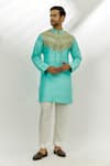 Buy_Nadima Saqib_Blue Raw Silk Hand Embroidered Mirror Kurta _at_Aza_Fashions