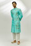 Buy_Nadima Saqib_Blue Sherwani Raw Silk Hand Embroidered Zardozi Floral With Pant _at_Aza_Fashions