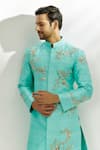 Buy_Nadima Saqib_Blue Sherwani Raw Silk Hand Embroidered Zardozi Floral With Pant _Online_at_Aza_Fashions