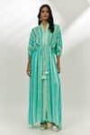 Buy_Nadima Saqib_Blue Kaftan Cotton Crush Printed Stripe V-neck With Pant _at_Aza_Fashions