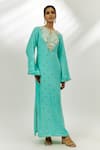 Buy_Nadima Saqib_Blue Georgette Embroidered Zardozi Keyhole Floral Kaftan _at_Aza_Fashions