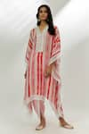 Buy_Nadima Saqib_Pink Kaftan Cotton Crush Printed Stripe V Neck And Dhoti Pant Set _at_Aza_Fashions