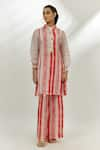 Buy_Nadima Saqib_Pink Kurta Crush Fabric And Organza Printed Stripe Band Collar Pant Set _at_Aza_Fashions