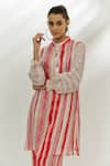 Nadima Saqib_Pink Kurta Crush Fabric And Organza Printed Stripe Band Collar Pant Set _Online_at_Aza_Fashions