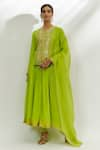 Buy_Nadima Saqib_Green Anarkali Georgette Embroidered Marodi Notched Round Yoke Set _at_Aza_Fashions