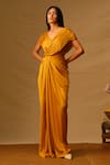 Buy_Aroka_Yellow Modal Satin V-neck Golden Glow Criss Cross Pleated Dress _at_Aza_Fashions