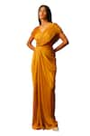 Aroka_Yellow Modal Satin V-neck Golden Glow Criss Cross Pleated Dress _Online_at_Aza_Fashions