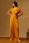 Buy_Aroka_Yellow Modal Satin V-neck Golden Glow Criss Cross Pleated Dress _Online_at_Aza_Fashions