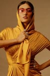 Aroka_Yellow Modal Satin V-neck Golden Glow Criss Cross Pleated Dress _at_Aza_Fashions